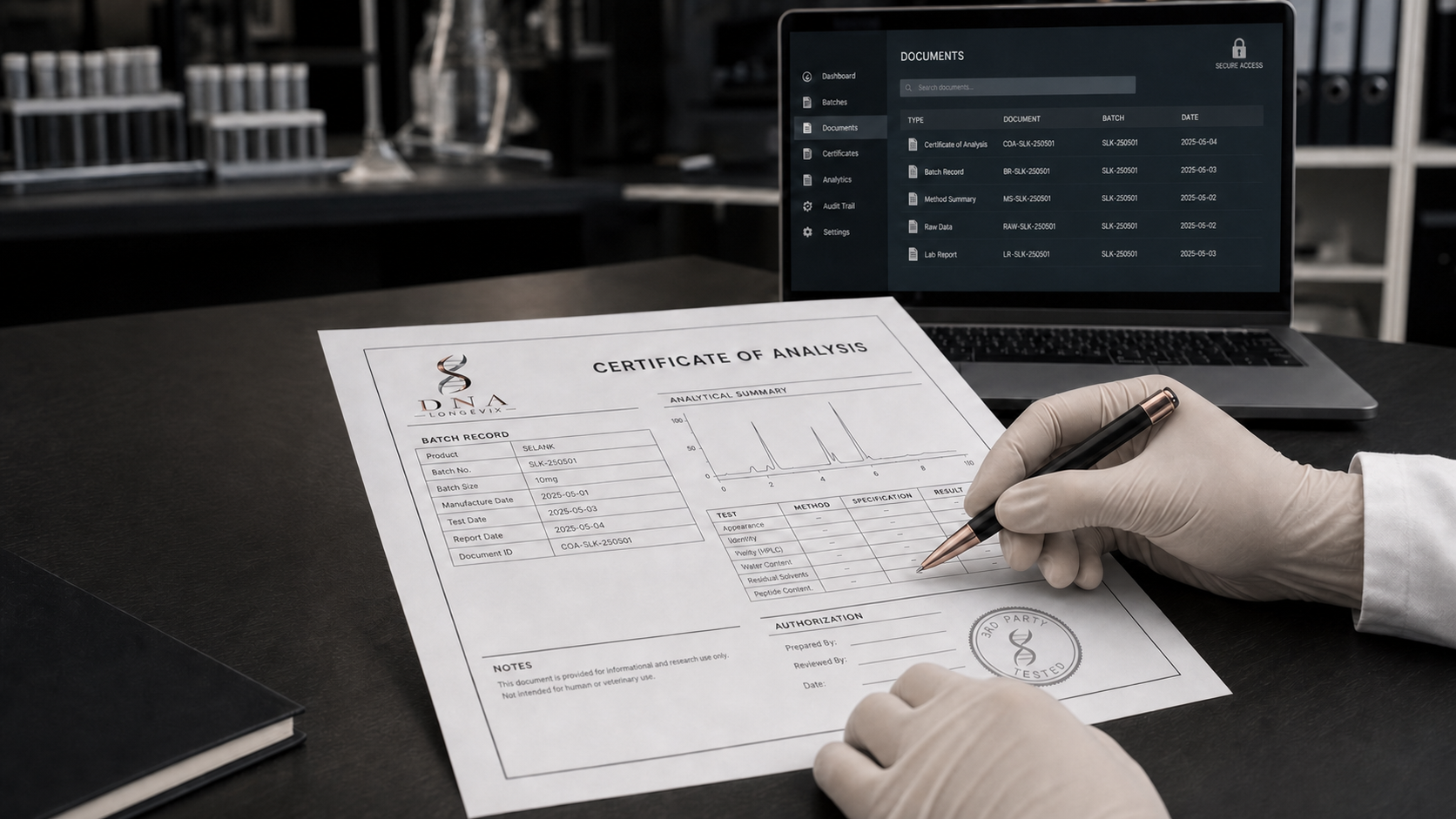 Laboratory professional reviewing a protected Certificate of Analysis and batch documentation.