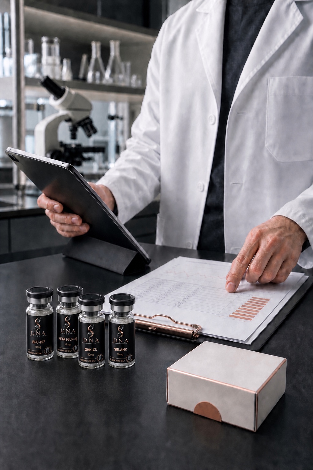 Laboratory researcher reviewing product documentation beside research vials and analytical equipment.